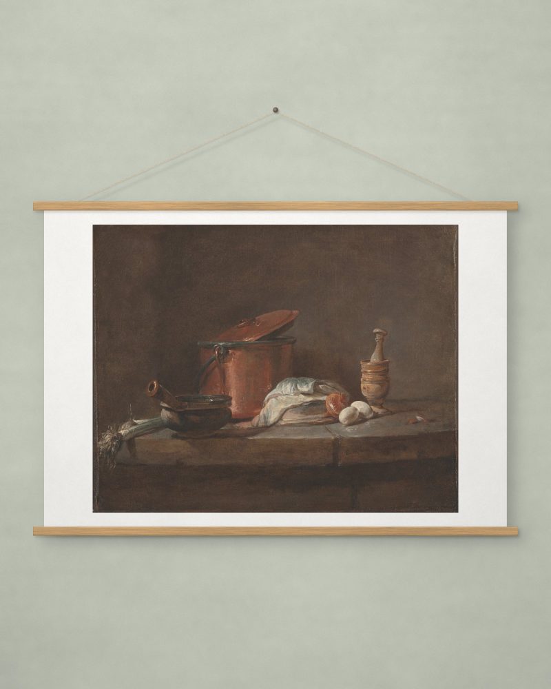Kitchen Utensils with Leeks, Fish, and Eggs