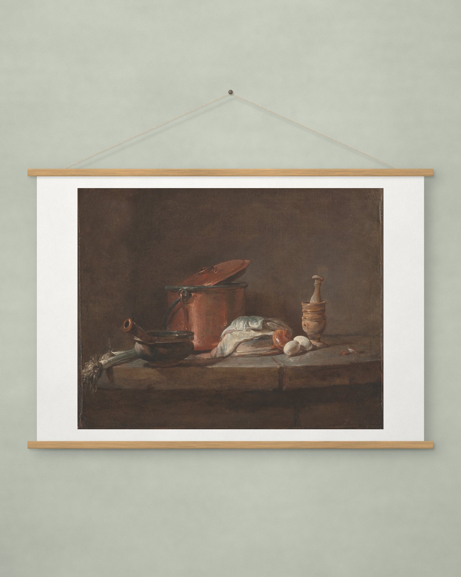 Kitchen Utensils with Leeks, Fish, and Eggs