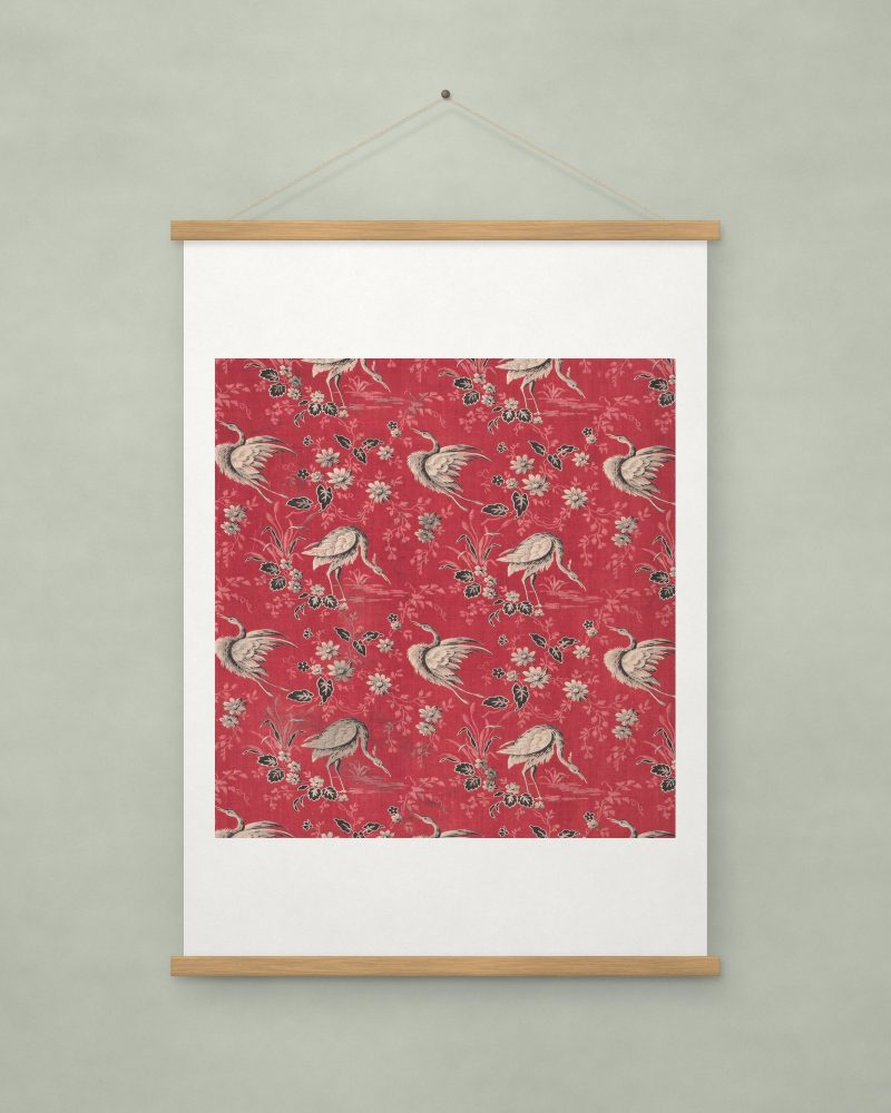Roller-Printed Cotton with Heron and Flower Design